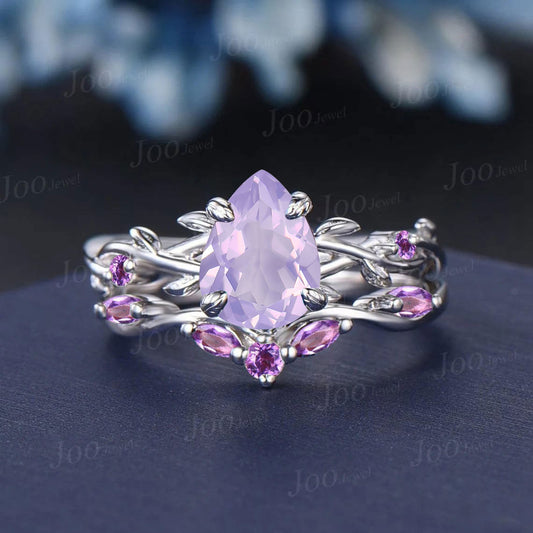 1.25ct Nature Inspired Pear Cut Natural Lavender Amethyst Bridal Ring Set Sterling Silver Light Purple Crystal Twig Vine Wedding Ring Gift