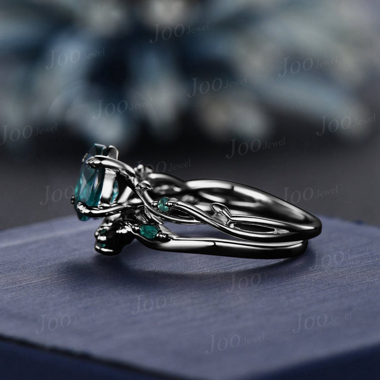 Black Gold Green Emerald Engagement Ring Set 1.25ct Twig Vine Pear Emerald Moss Agate Wedding Ring Set Goth Black Promise Ring Women Gifts