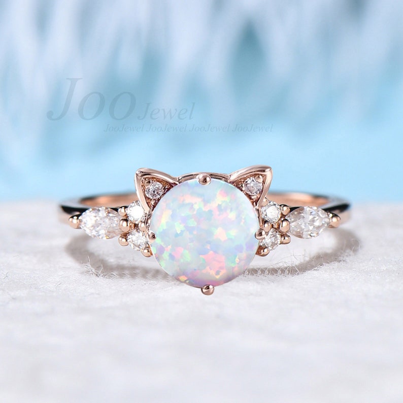 Cat Engagement Ring Vintage Opal Moissanite Promise Ring Animal Cat Shaped Wedding Ring Peekaboo Kitten Unique Gemstone Gifts for Cat Lover