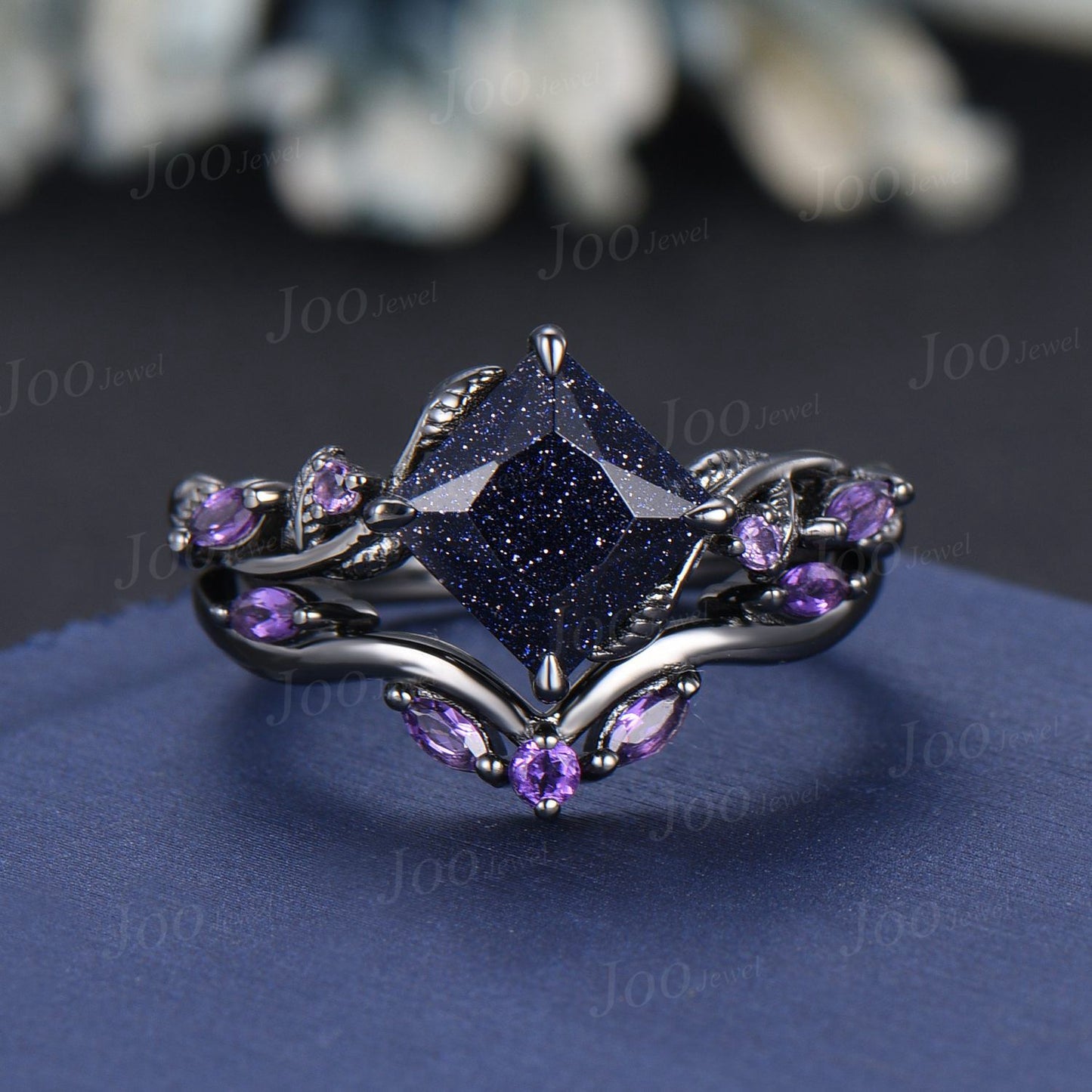 Princess Cut Blue Goldstone Ring Set Nature Inspired Galaxy Blue Sandstone Amethyst Bridal Set Unique Twig Vine Black Gold Wedding Ring Set