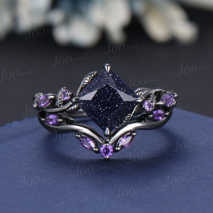 Princess Cut Blue Goldstone Ring Set Nature Inspired Galaxy Blue Sandstone Amethyst Bridal Set Unique Twig Vine Black Gold Wedding Ring Set