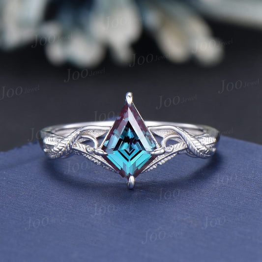 Kite Cut Alexandrite Engagement Ring 14K White Gold Unique Feather Design Wedding Ring Vintage Crossover Promise Ring June Birthstone Gifts