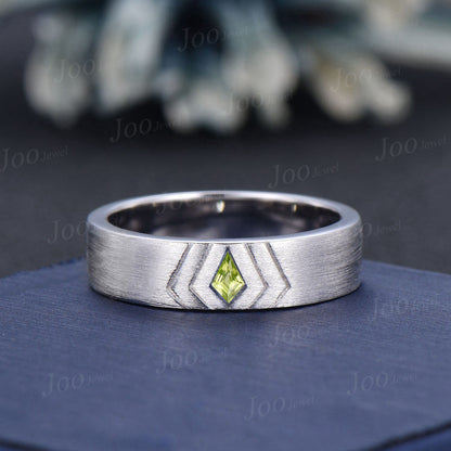 Kite Cut Natural Peridot Solitaire Ring Unique 10K Solid White Gold Silver Brushed Finished Men Band 6mm Wide Wedding Marriage Ring for Male