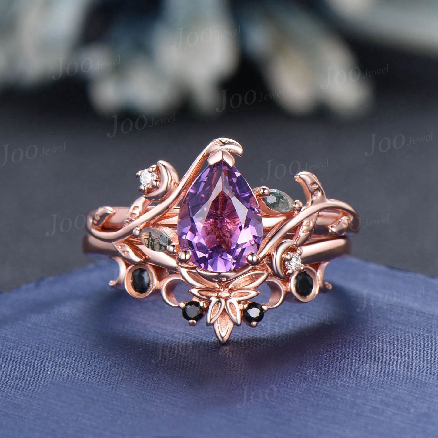 Leaf Moon Natural Amethyst Engagement Ring Set 1.25ct Twig Vine Pear Wedding Ring Unique Moss Agate Diamond Ring February Birthstone Gifts