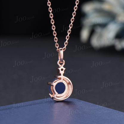 Round Star Blue Sapphire Necklace Rose Gold Crescent Moon Star Wedding Necklace Star Blue Bridal Solitaire Pendant Necklace Unique Promise Gifts