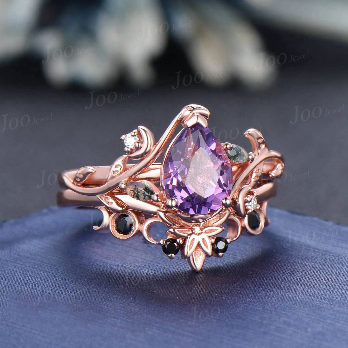 Leaf Moon Natural Amethyst Engagement Ring Set 1.25ct Twig Vine Pear Wedding Ring Unique Moss Agate Diamond Ring February Birthstone Gifts