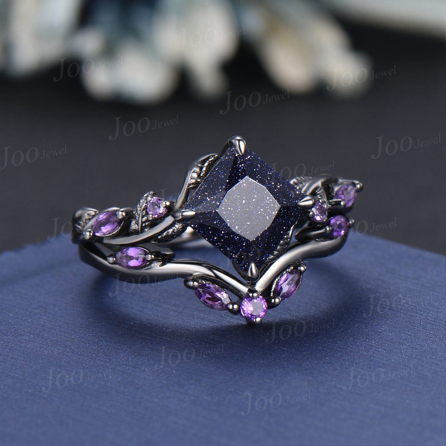 Princess Cut Blue Goldstone Ring Set Nature Inspired Galaxy Blue Sandstone Amethyst Bridal Set Unique Twig Vine Black Gold Wedding Ring Set