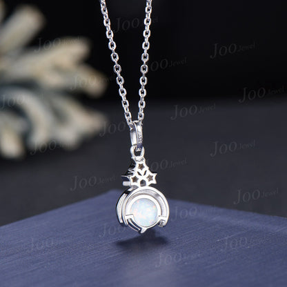 Dainty Opal Moissanite Necklace Sterling Silver Star Moon White Opal Pendant Cluster Bridal Necklace Art Deco Women Vintage Anniversary Gift