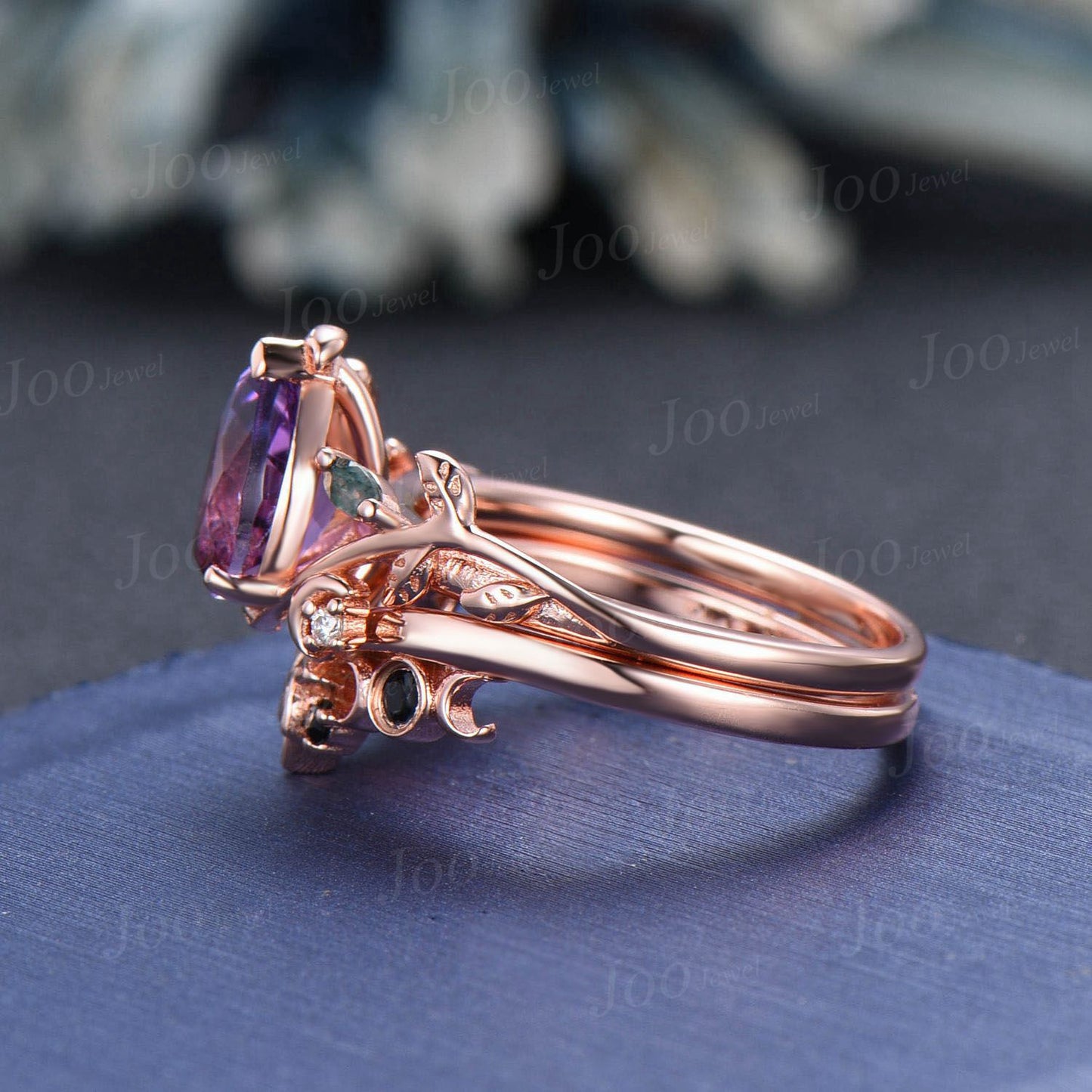 Leaf Moon Natural Amethyst Engagement Ring Set 1.25ct Twig Vine Pear Wedding Ring Unique Moss Agate Diamond Ring February Birthstone Gifts