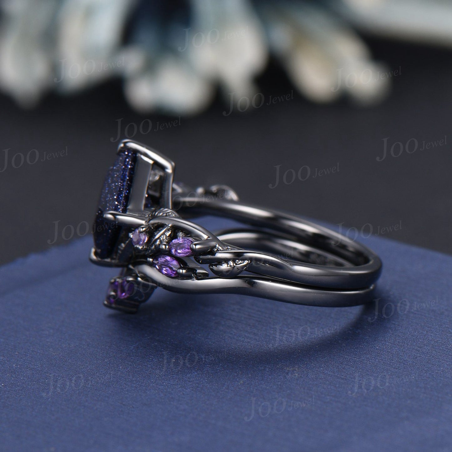 Princess Cut Blue Goldstone Ring Set Nature Inspired Galaxy Blue Sandstone Amethyst Bridal Set Unique Twig Vine Black Gold Wedding Ring Set