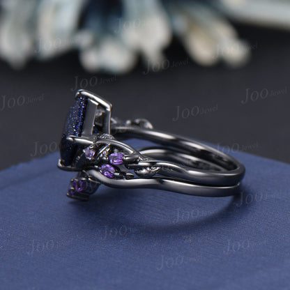 Princess Cut Blue Goldstone Ring Set Nature Inspired Galaxy Blue Sandstone Amethyst Bridal Set Unique Twig Vine Black Gold Wedding Ring Set