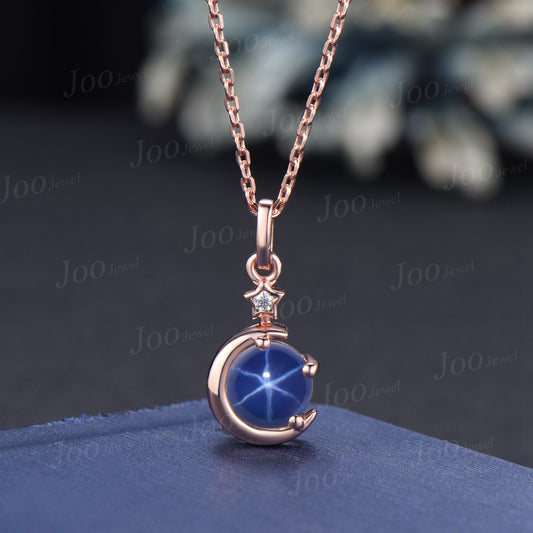 Round Star Blue Sapphire Necklace Rose Gold Crescent Moon Star Wedding Necklace Star Blue Bridal Solitaire Pendant Necklace Unique Promise Gifts