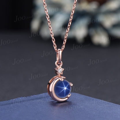 Round Cut Star Sapphire Diamond Drop Necklace 14K Rose Gold Moon Star Bridal Wedding Necklace Unique Promise/Valentine's Day Gifts for Women