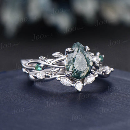 Twig Twist Moss Agate Ring 1.25ct Pear Cut Moss Agate Engagement Ring Set Moissanite Emerald Branch Nature Inspired Aquatic Agate Bridal Set