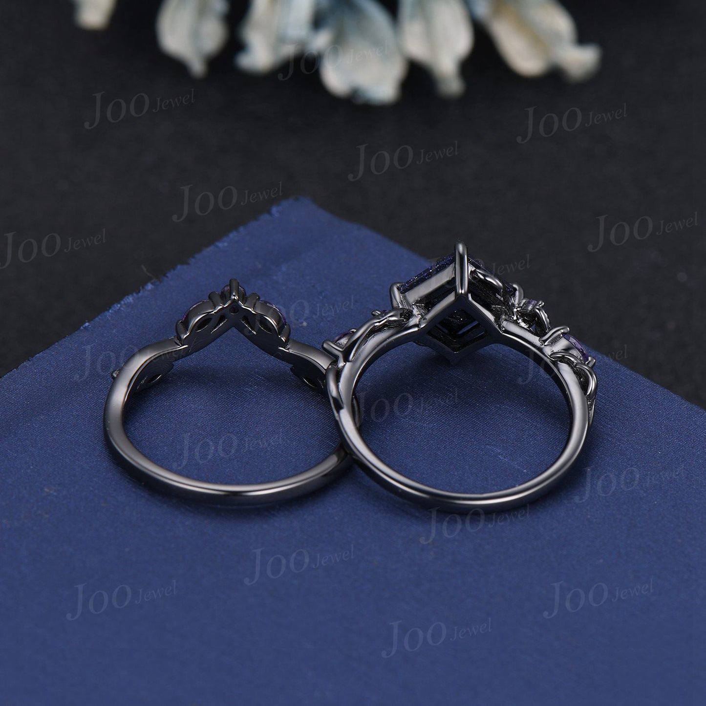 Princess Cut Blue Goldstone Ring Set Nature Inspired Galaxy Blue Sandstone Amethyst Bridal Set Unique Twig Vine Black Gold Wedding Ring Set