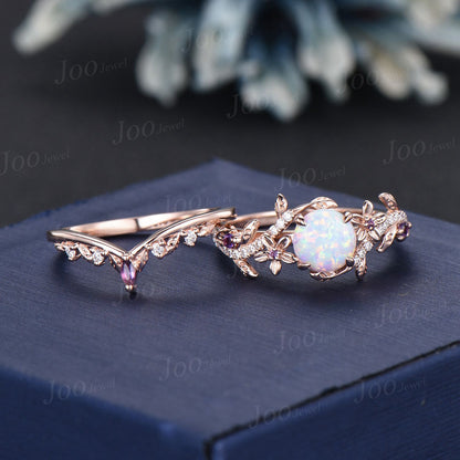 Vintage Round Fire Opal Amethyst Bypass Wedding Ring 14K Rose Gold Tree Inspired Leaf Opal Bridal Set October Birthstone Ring Proposal Gifts