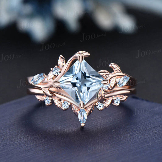 2CT Princess Cut Rose Gold Engagement Ring Natural Aquamarine Bridal Ring Cluster Leaf Branch Wedding Ring March Birthstone Gifts for Women