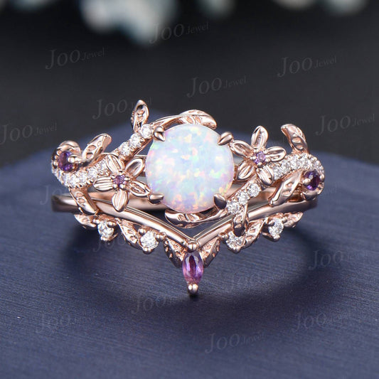 Vintage Round Fire Opal Amethyst Bypass Wedding Ring 14K Rose Gold Tree Inspired Leaf Opal Bridal Set October Birthstone Ring Proposal Gifts