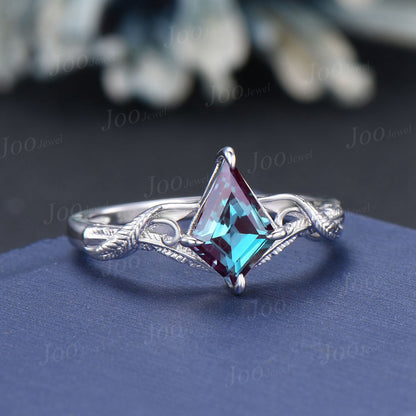 Kite Cut Alexandrite Engagement Ring 14K White Gold Unique Feather Design Wedding Ring Vintage Crossover Promise Ring June Birthstone Gifts
