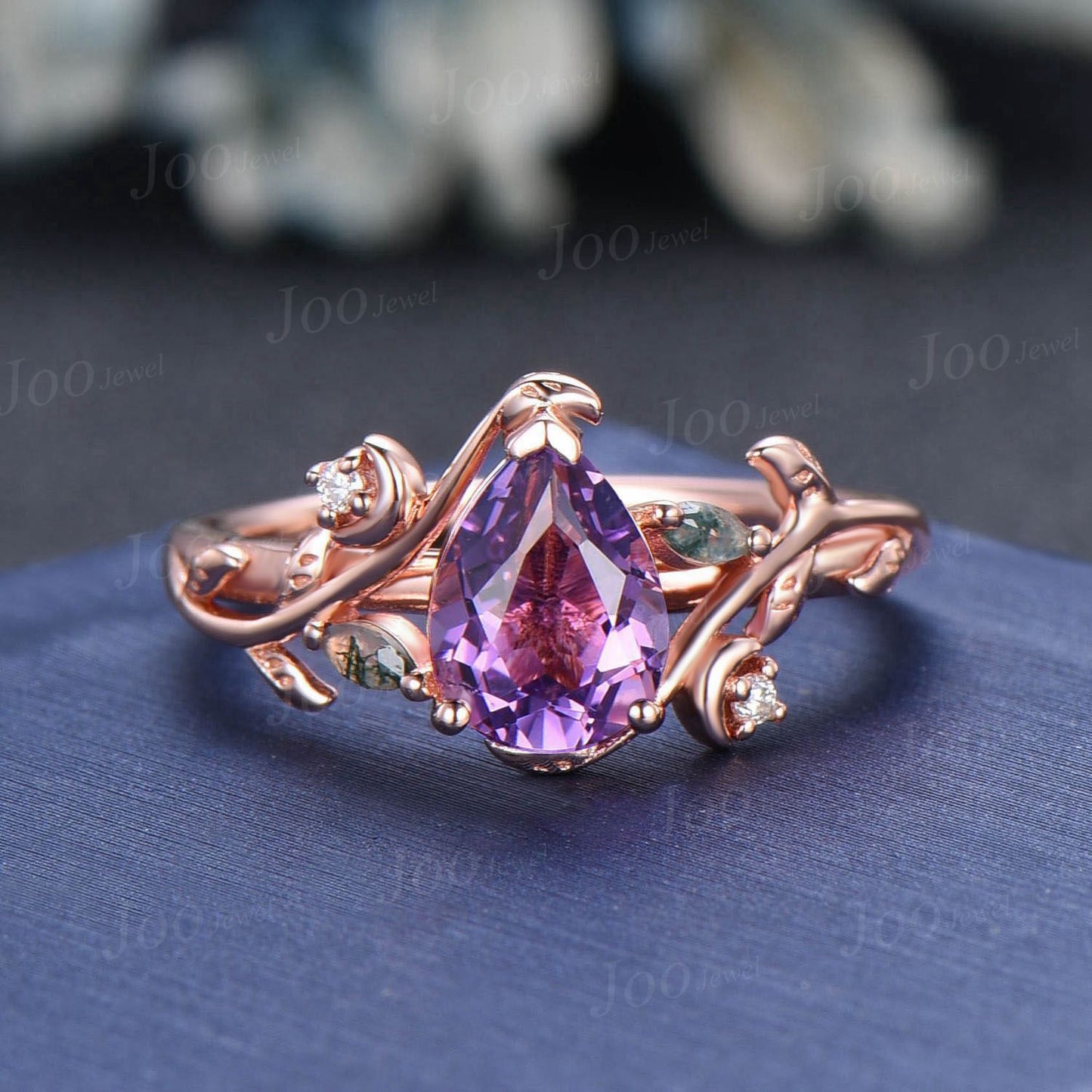 Leaf Moon Natural Amethyst Engagement Ring Set 1.25ct Twig Vine Pear Wedding Ring Unique Moss Agate Diamond Ring February Birthstone Gifts