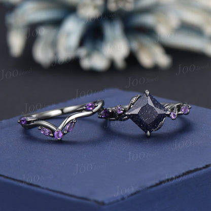 Princess Cut Blue Goldstone Ring Set Nature Inspired Galaxy Blue Sandstone Amethyst Bridal Set Unique Twig Vine Black Gold Wedding Ring Set