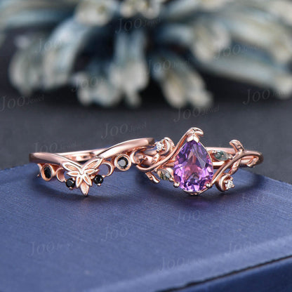 Leaf Moon Natural Amethyst Engagement Ring Set 1.25ct Twig Vine Pear Wedding Ring Unique Moss Agate Diamond Ring February Birthstone Gifts