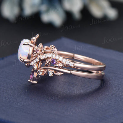 Vintage Round Fire Opal Amethyst Bypass Wedding Ring 14K Rose Gold Tree Inspired Leaf Opal Bridal Set October Birthstone Ring Proposal Gifts