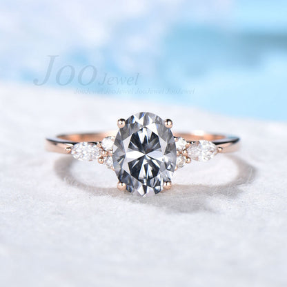 Grey Moissanite Engagement Ring Rose Gold 1.5ct Oval Cut Grey Moissanite Ring Grey Gemstone Ring Vintage Cluster Promise Wedding Ring Women