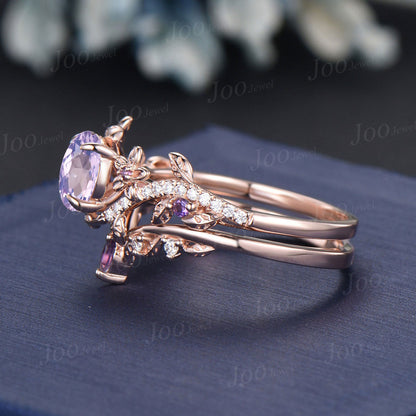 Natural Lavender Amethyst Diamond Ring Set 14K Rose Gold Nature Inspired Branch Floral Leaf Purple Crystal Amethyst Bridal Wedding Ring Set