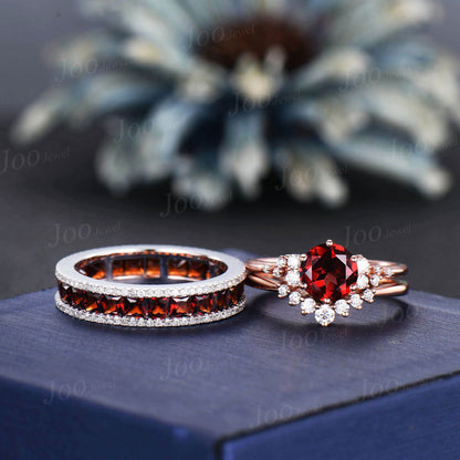 1ct Round Natural Red Garnet Bridal Set for Women Red Engagement Ring Unique Couple Ring Set Men Full Eternity Men Band Unique Promise Ring