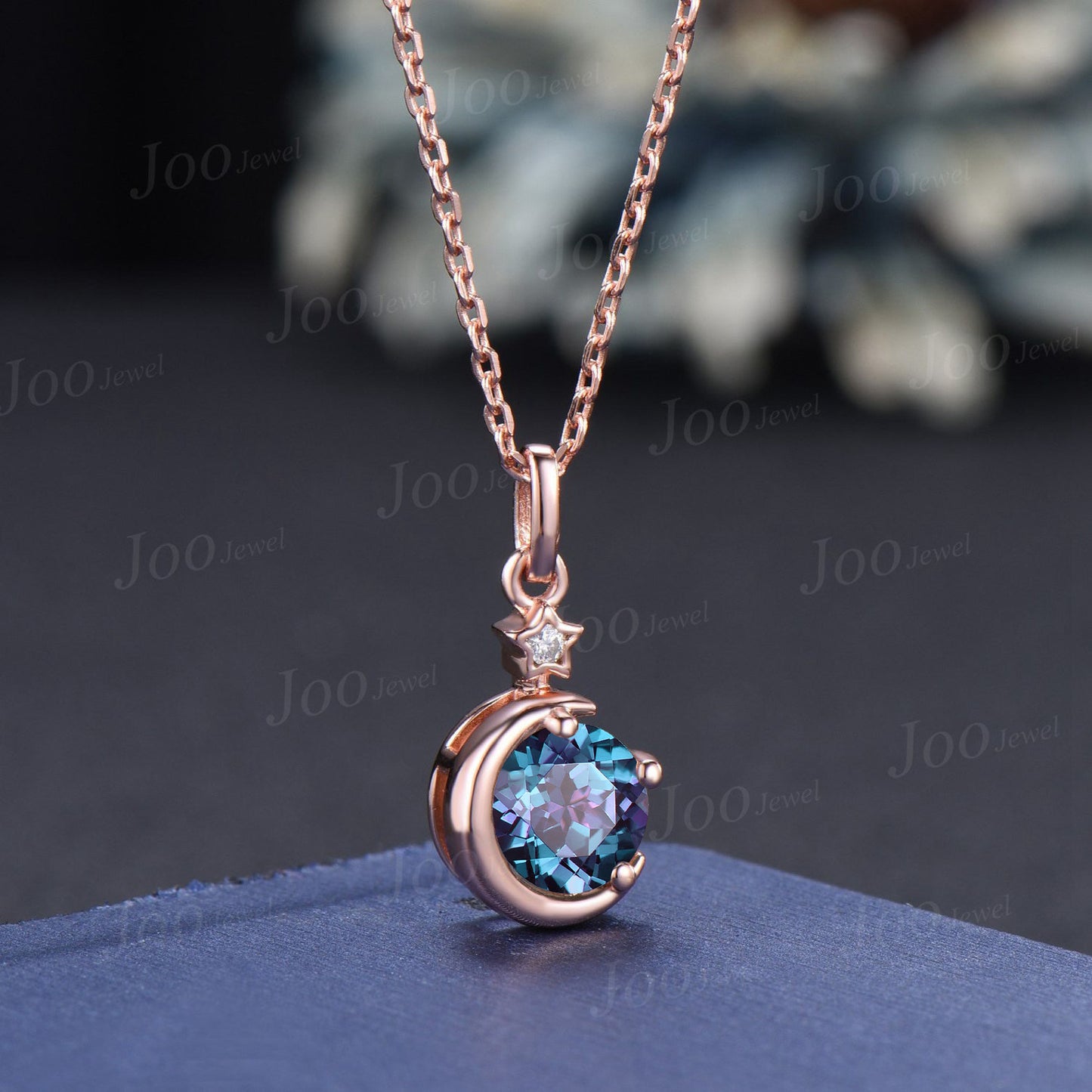 Round Color-Change Alexandrite Moonstone Drop Necklace 14K Rose Gold Moon Star Bridal Wedding Necklace Unique Valentine's Day Gift for Women