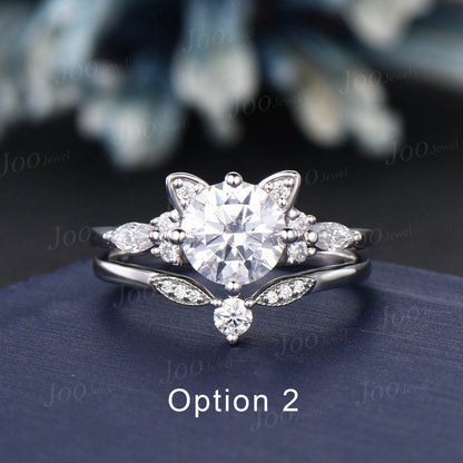 Cat Engagement Ring Meme Sterling Silver Round Moissanite Bridal Set Kitten Cat Shaped Wedding Promise Ring Unique Gifts for Cat Lover