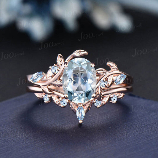 1.5ct Oval Cut Natural Aquamarine Ring Rose Gold Vintage Unique Aquamarine Engagement Ring Set Art Deco Ring For Women March Birthstone Gift