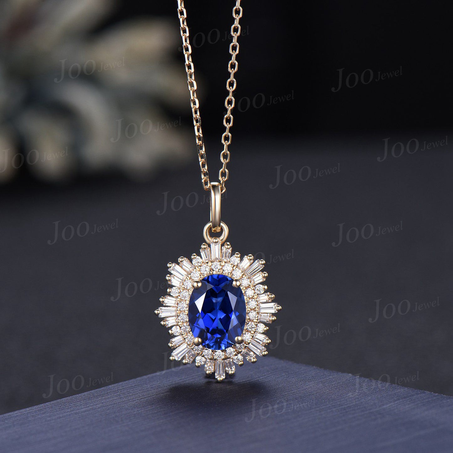 Noble Royal Oval Blue Sapphire Diamond Necklace 14K Rose Gold Double Halo Moissanite Wedding Bridal Pendant Unique September Birthstone Gift