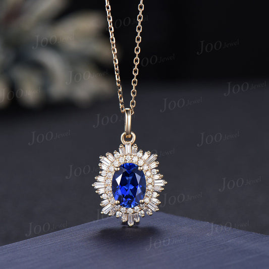Noble Royal Oval Blue Sapphire Diamond Necklace 14K Rose Gold Double Halo Moissanite Wedding Bridal Pendant Unique September Birthstone Gift