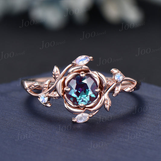 Rose Flower Engagement Ring 5mm Round Color-Change Alexandrite Moonstone Wedding Ring Rose Gold Branch Leaf Ring Women June Birthstone Gifts