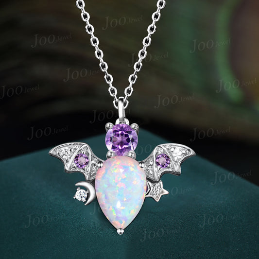 Teardrop White Fire Opal Amethyst Necklace Vintage Sterling Silver Moon Star Opal Bat Pendant Unique October Birthstone Gifts For Daughter