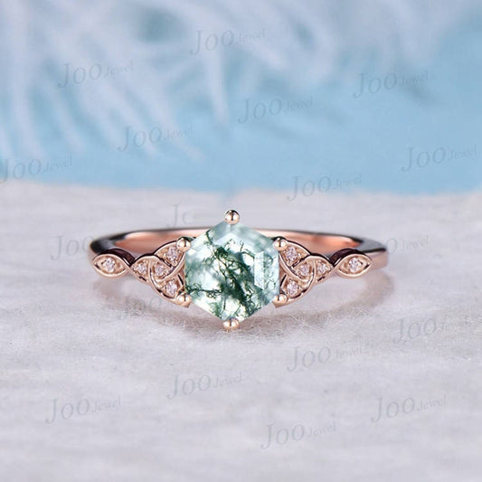 1ct Hexagon Cut Natural Moss Agate Celtic Engagement Ring Green Gemstone Jewelry Art Deco Trinity Knot Wedding Ring Moissanite Irish Jewelry