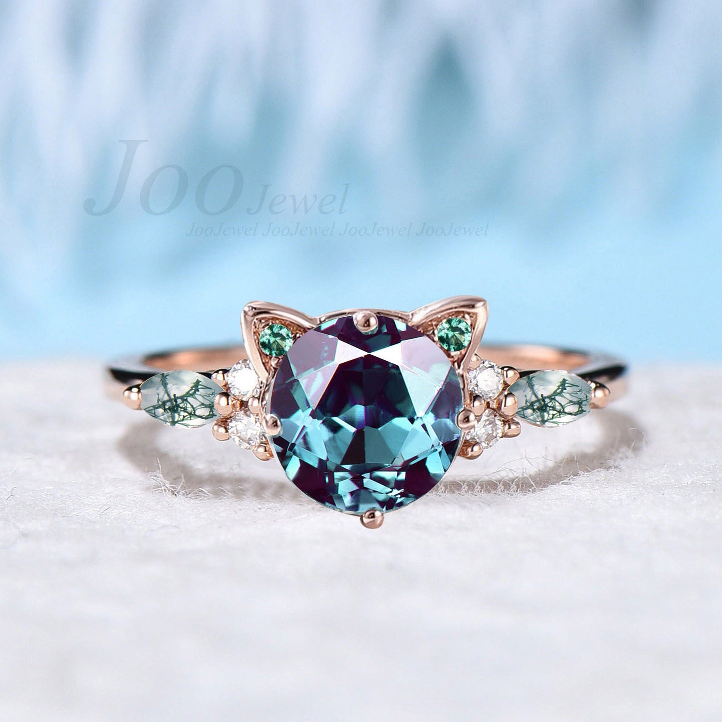 Cat Wedding Ring Vintage 1.2ct Round Color-Change Alexandrite Agate Promise Ring Peekaboo Kitten June Birthstone Gift for Cat Lover/Daughter