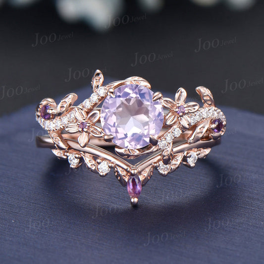 Natural Lavender Amethyst Diamond Ring Set 14K Rose Gold Nature Inspired Branch Floral Leaf Purple Crystal Amethyst Bridal Wedding Ring Set