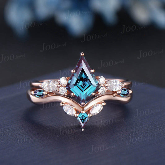 1ct Kite Color-Change Alexandrite Moissanite Engagement Ring Set Vintage Gemstone 10K Rose Gold June Birthstone Wedding Ring Promise Rings