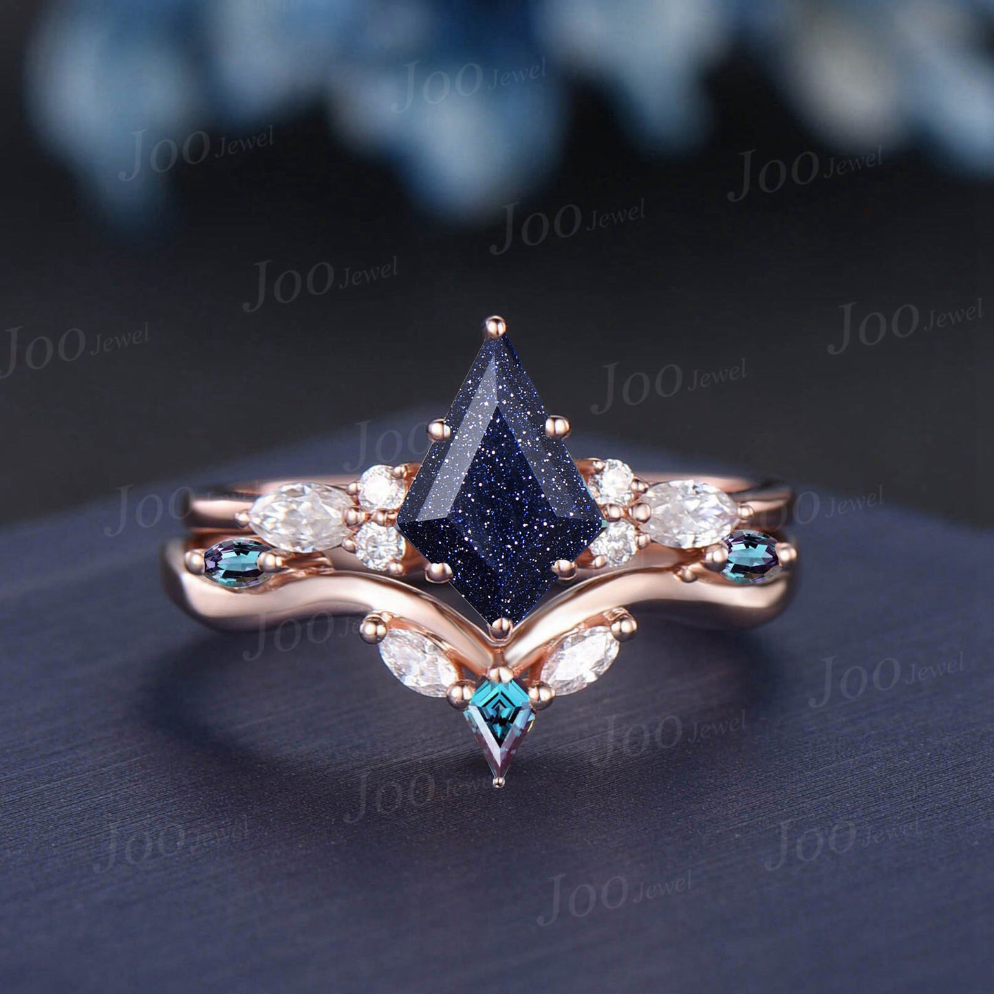 Galaxy Blue Goldstone Kite Engagement Ring Set 14K Rose Gold Marquise Moissanite Black Spinel Bridal Ring Unique Anniversary/Promise Gifts