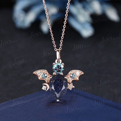 Teardrop Starry Sandstone Pendant Solid 14k Rose Gold Moon Star Alexandrite Diamond Bat Necklace Antique Vintage Blue Gemstone Necklace Gift