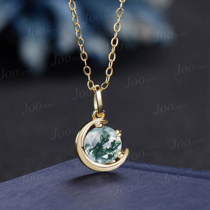 Dainty 5mm Round Cut Natural Moss Agate Pendant Necklace Silver/14K Solid Gold Green Gemstone Wedding Necklace Unique Celestial Moon Jewelry