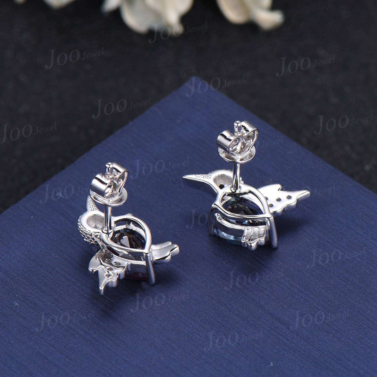 1.25ct Pear/Teardrop Cut Color-Change Alexandrite HummingBird Stud Earrings | Sterling Silver Hypoallergenic Alexandrite Earrings For Women