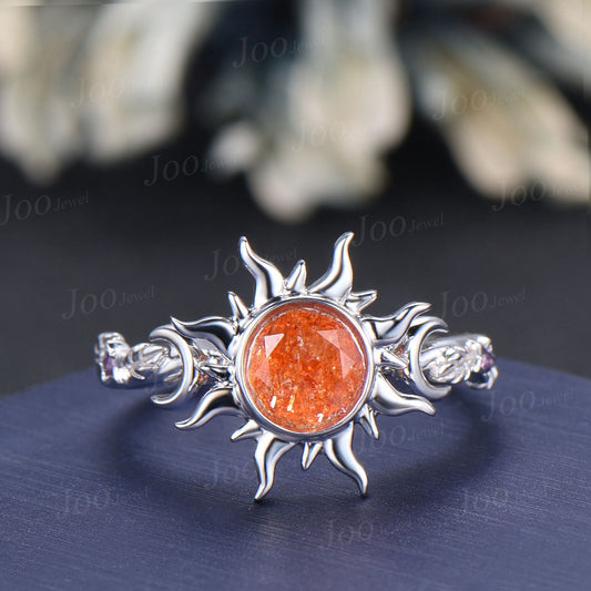 6mm Round Cut Natural Sunstone Sun Engagement Ring Unique Celestial Wedding Ring Moon Star & Sun Genuine Sunstone Jewelry Proposal Ring Gift