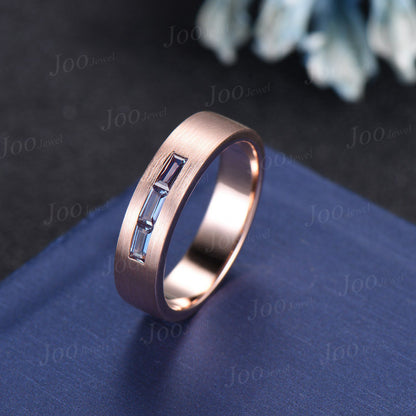 14K Rose Gold Color-Change Alexandrite Matte Wedding Band 6MM Mens Baguette Alexandrite Promise Rings Brushed Band Marriage Ring For Male