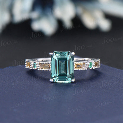 2ct Emerald Cut Green Sapphire Engagement Ring Half Eternity Blue-green Sapphire Ring Baguette Emerald&Citrine Wedding Band Anniversary Gift