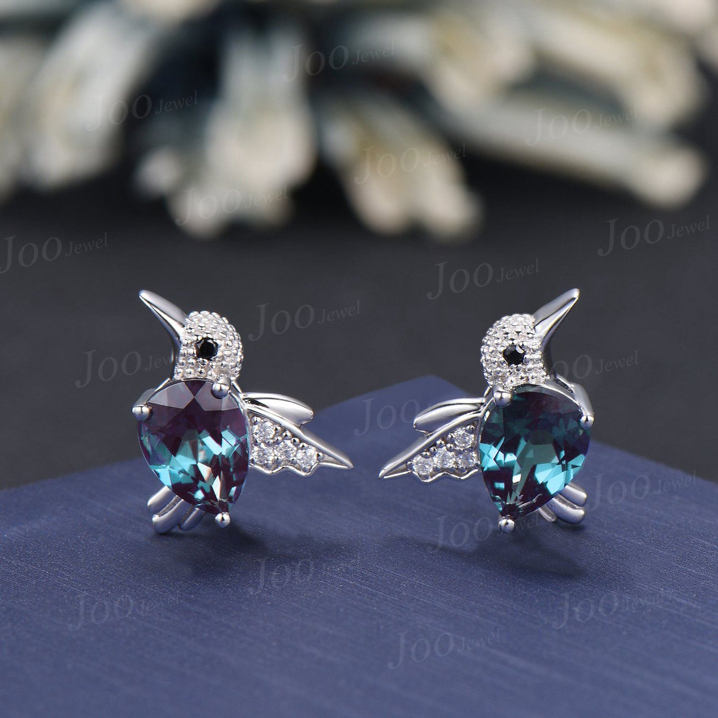 1.25ct Pear/Teardrop Cut Color-Change Alexandrite HummingBird Stud Earrings | Sterling Silver Hypoallergenic Alexandrite Earrings For Women