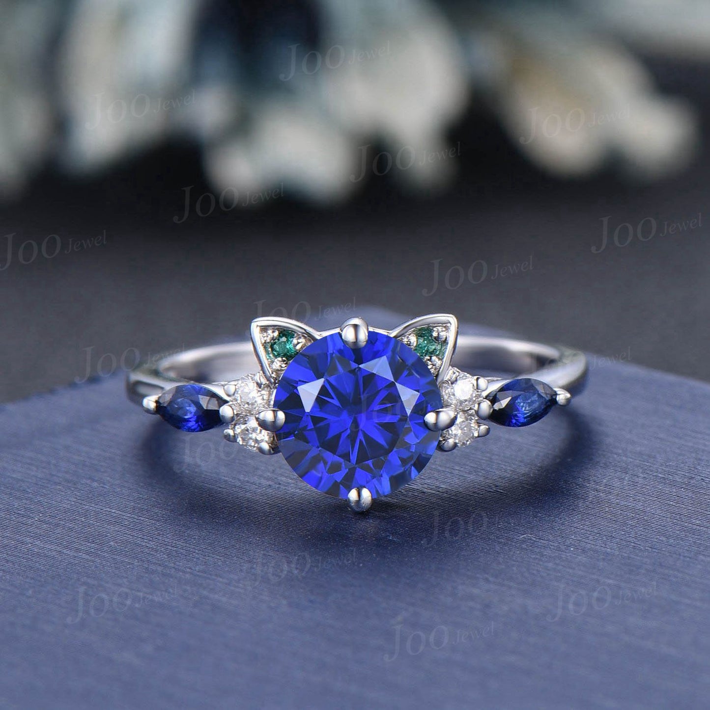 1.2ct Round Blue Sapphire Emerald Ring Peekaboo Kitten Cat Engagement Rings Vintage Sterling Silver Dainty Promise Ring Gifts for Daughter